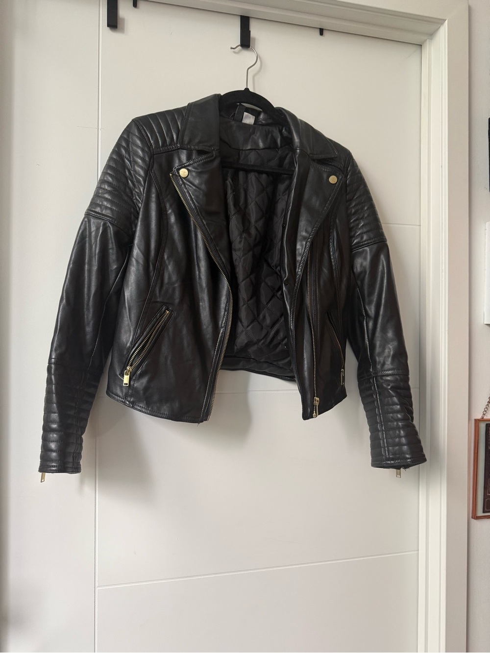 Divided Black Quilted Moto Leather Jacket with Gold Hardware